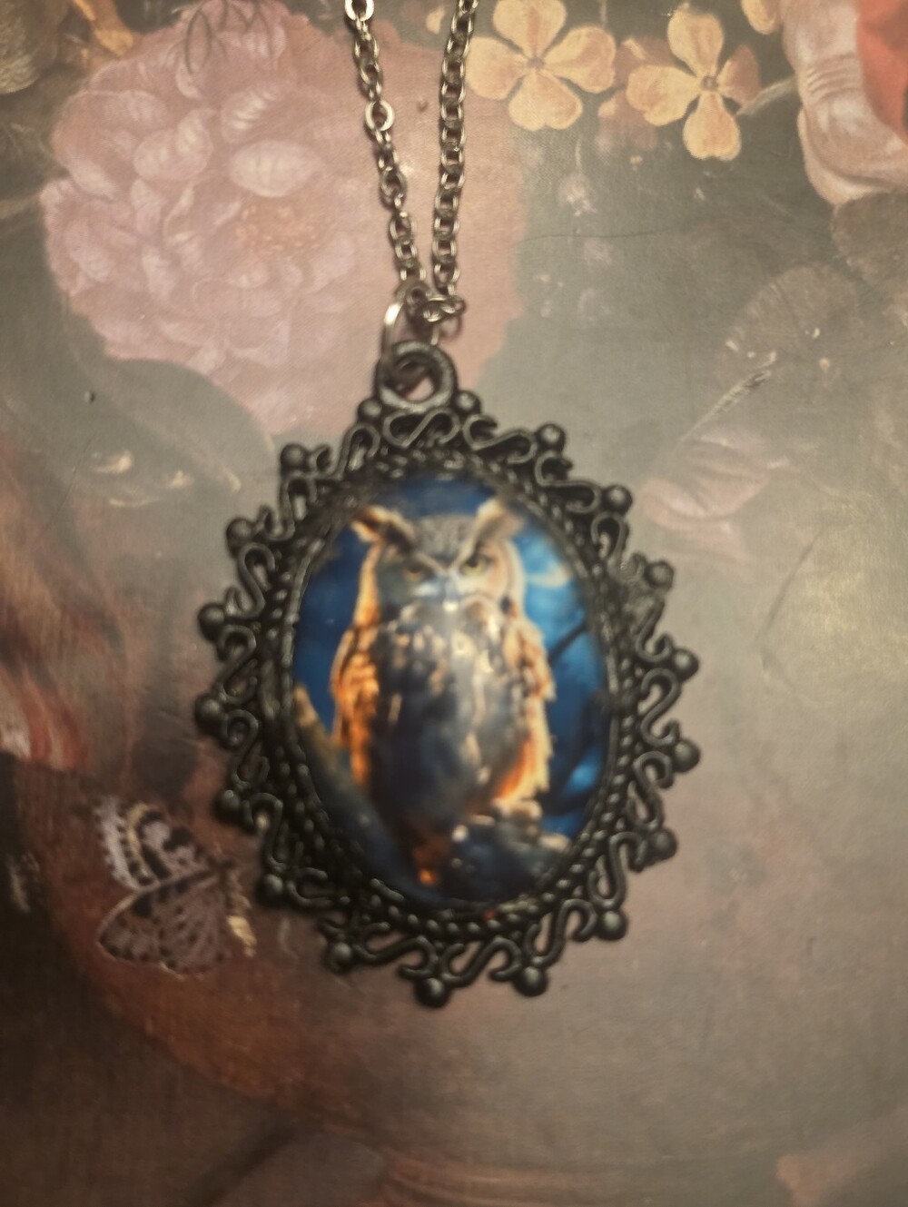 Colorful Owl Cabochon In Black Frame On Stainless Steel Chain Necklace